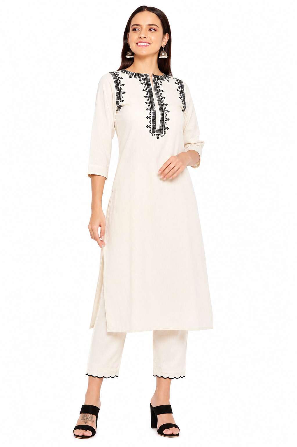 Women's Cotton Embroidered Straight kurti With fit Pant
