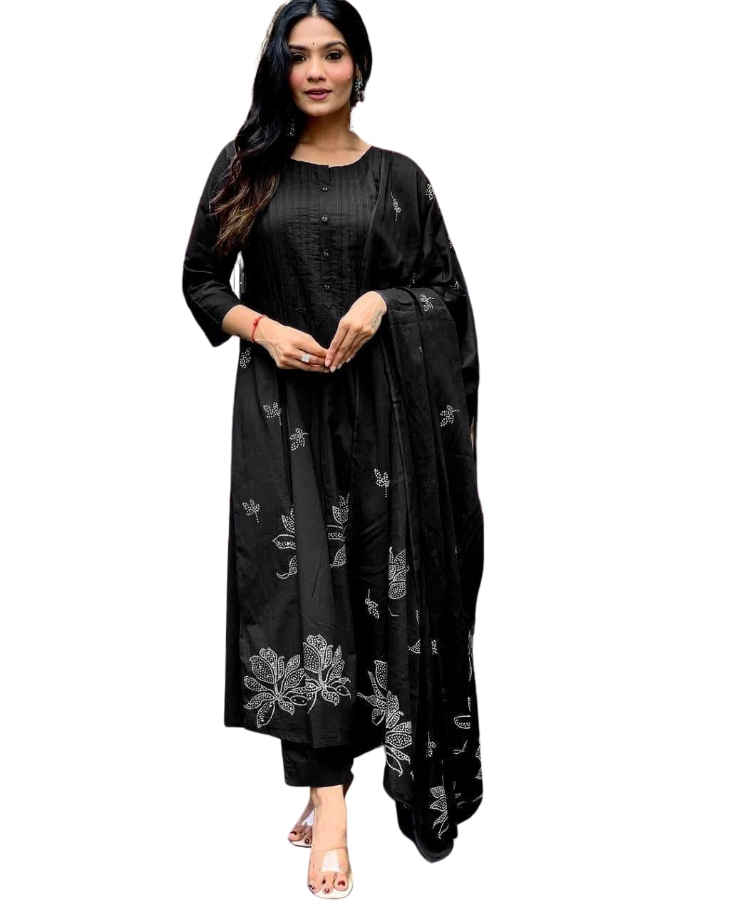 Women's Cotton Embroidery Floral Printed Long Straight Kurti With Pant And Dupatta Set