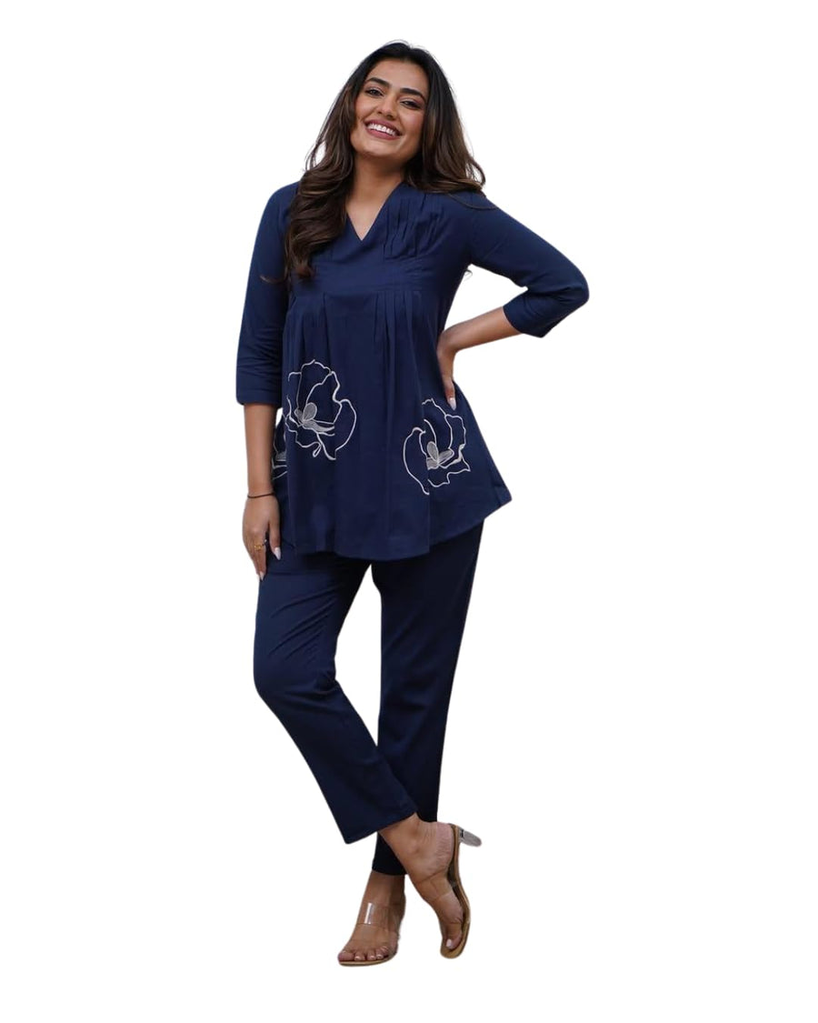 Women's Cotton Embroidered Co-ord Set 2 Piece Top Bottom Set