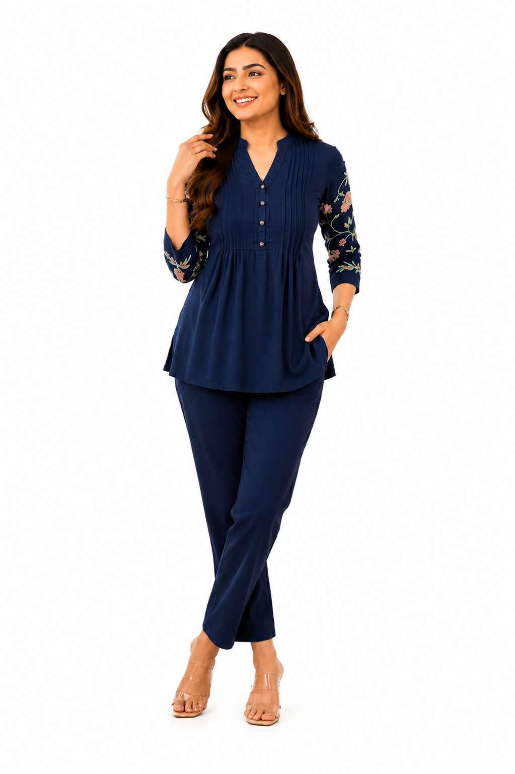 Women's Cotton Embroidery Straight Short kurti With Pant set