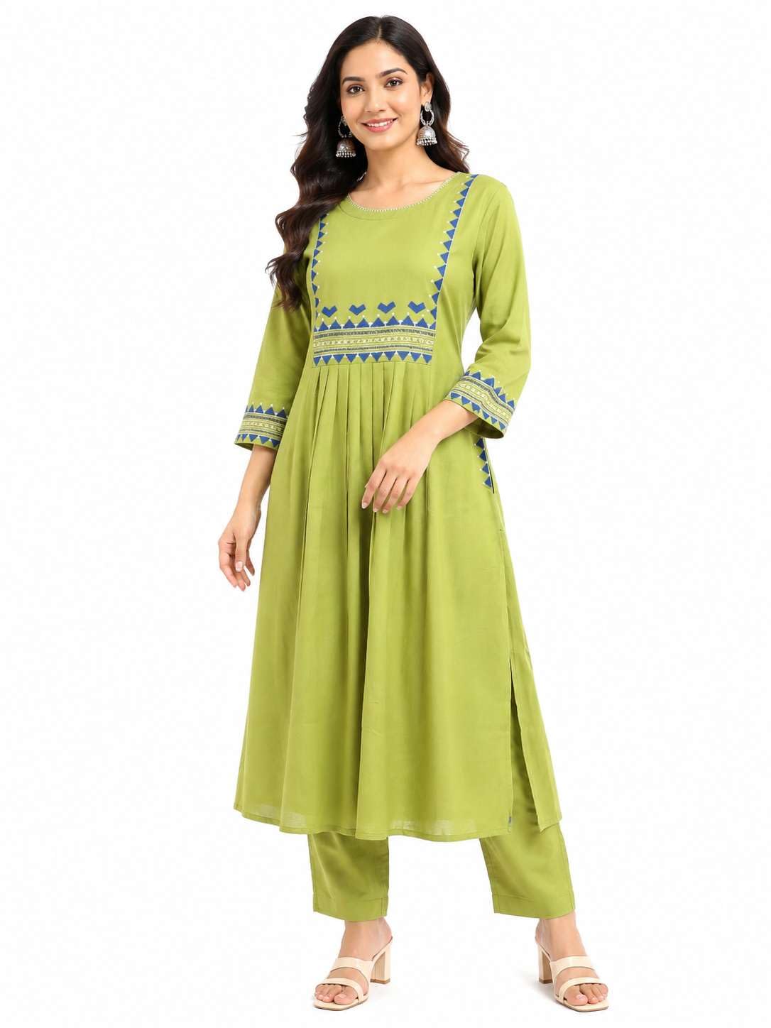 Women's Rayon Embroidered A-Line Kurti With Pant Set