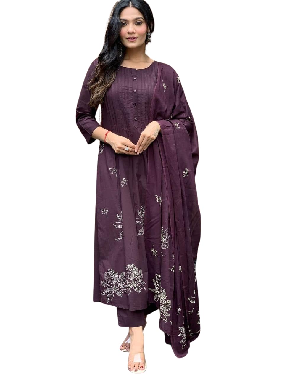 Women's Cotton Embroidery Floral Printed Long Straight Kurti With Pant And Dupatta Set