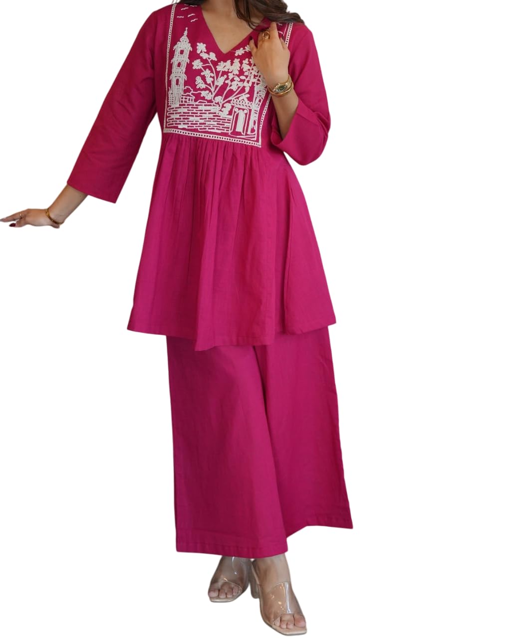 Women's Cotton Embroidered Short Anarkali Kurti with pant