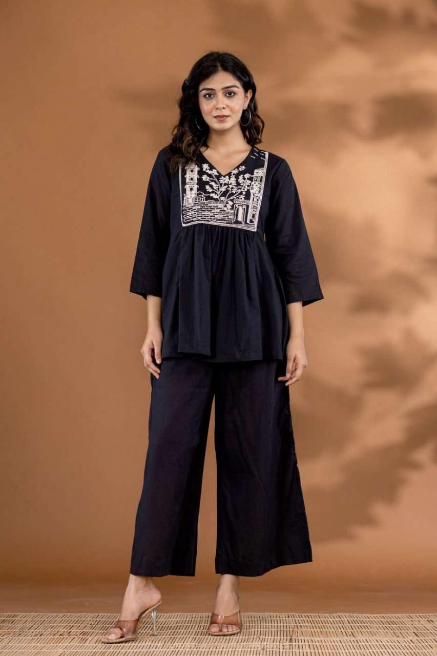 Women's Cotton Embroidered Flared Kurta With Pant Set