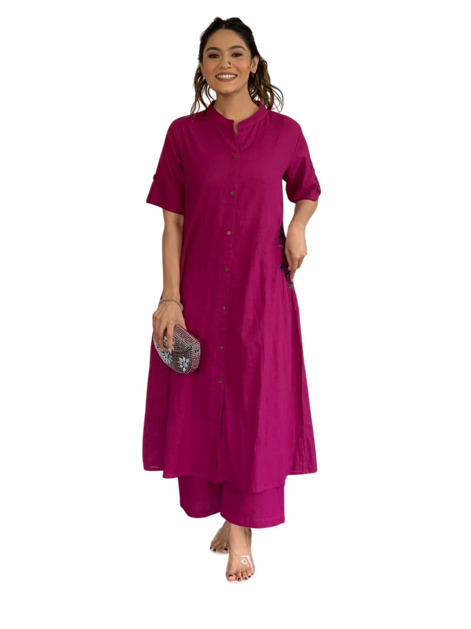 Women's Cotton Embroiderd Long A-Line  Kurti with Palazzo