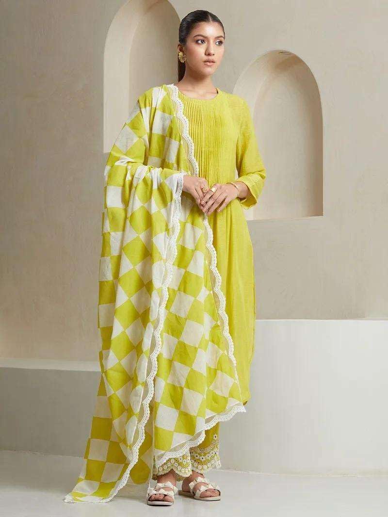 Women's Cotton Printed Line Flared Straight Kurti with Palazzo and Dupatta (Parrot Green)