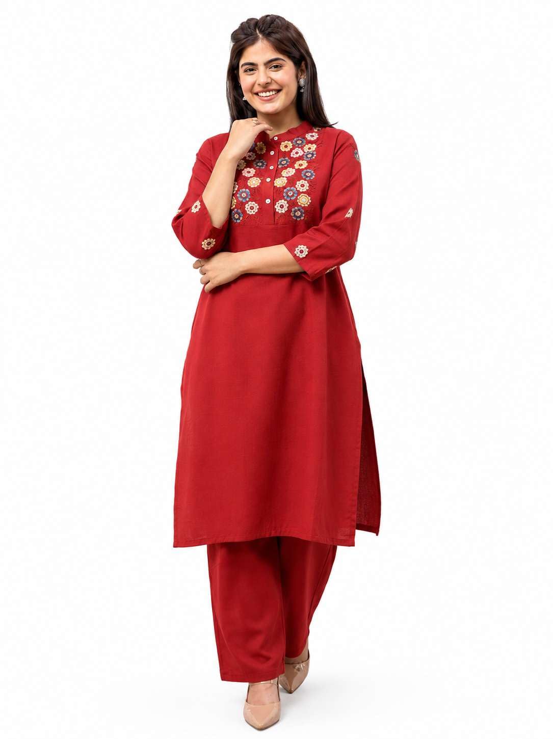 Women's Cotton floral Embroidery mandarin collar Straight Kurti With Pant