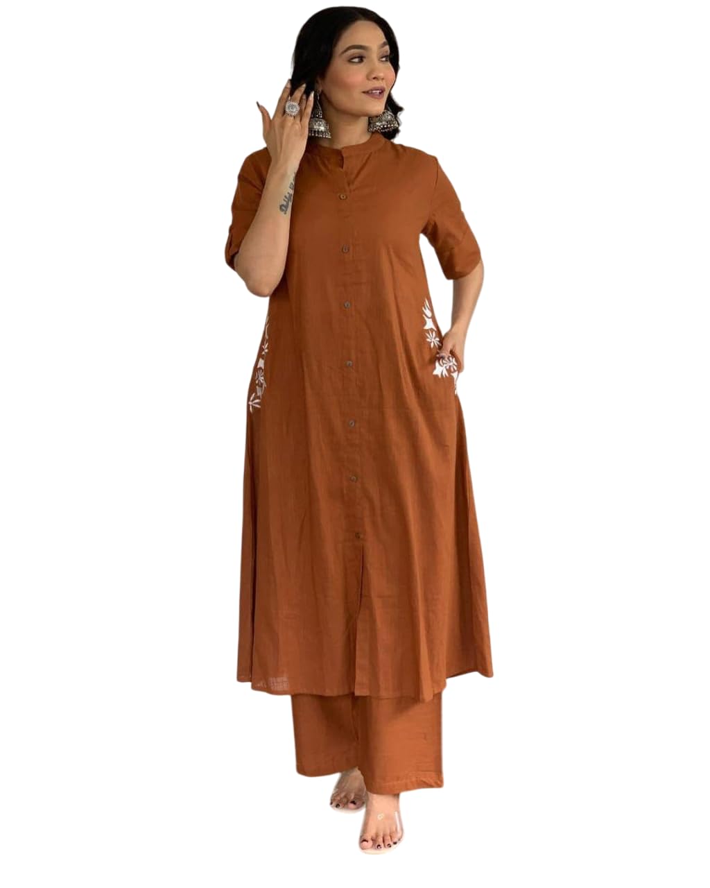 Women's Cotton Embroiderd Long A-Line  Kurti with Palazzo