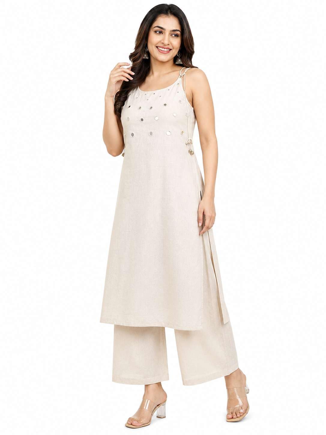 Women's Cotton Embroidery Sleeveless Kurti With Ankle length Pant Set