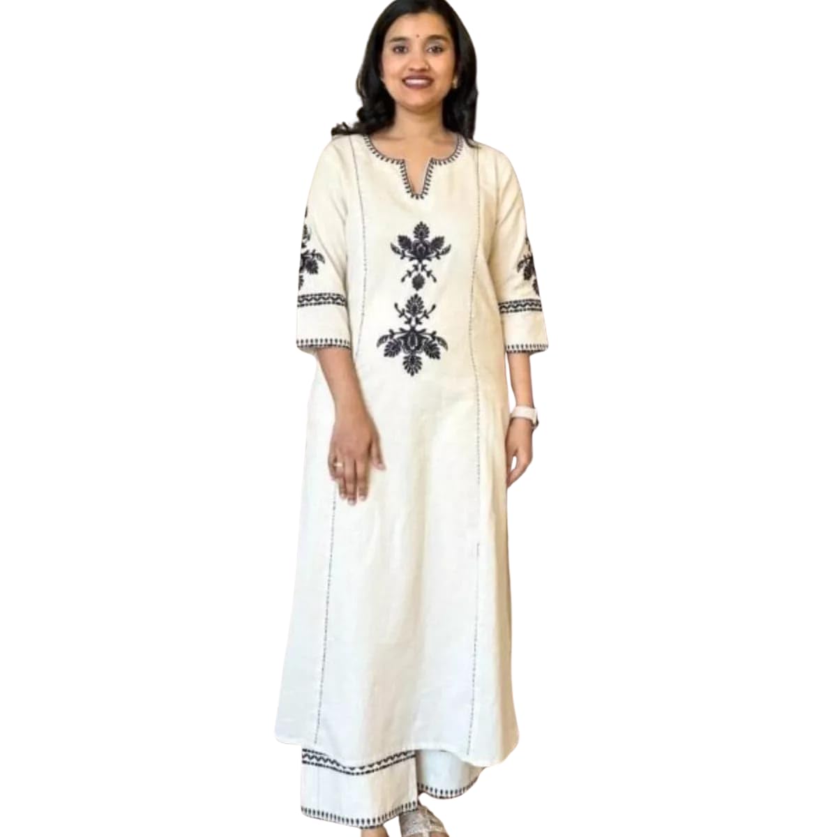 Women's Cotton Embroidered Straight Kurta with Palazzo (White)