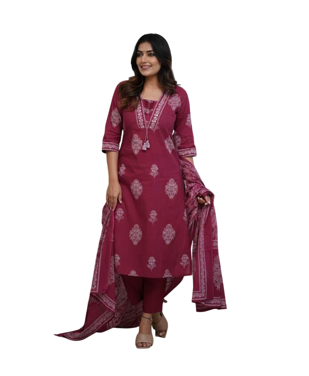 Women's Cotton Printed Straight Kurti with pant and Dupatta Set