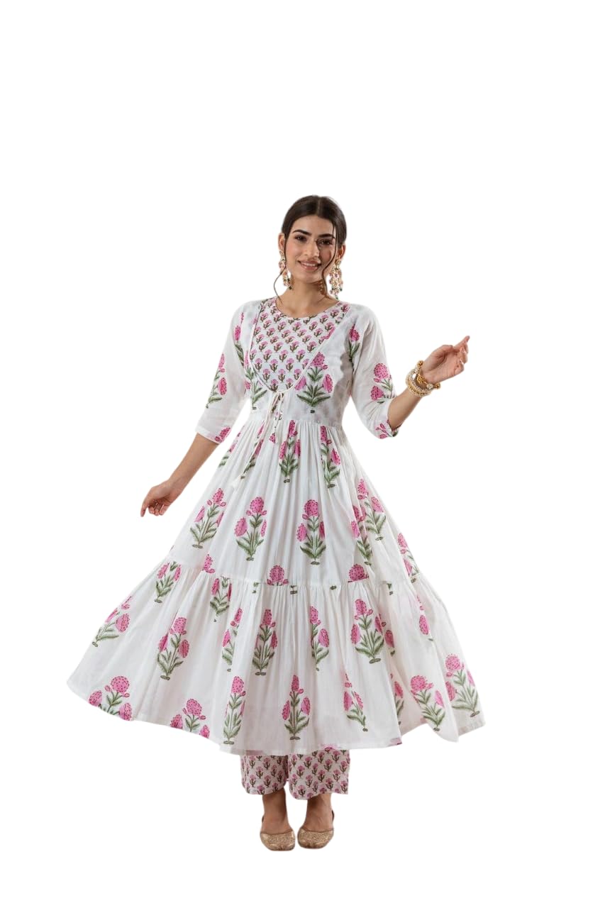 Women's Cotton Floral Printed Long Anarkali Kurti with Pant and Dupatta