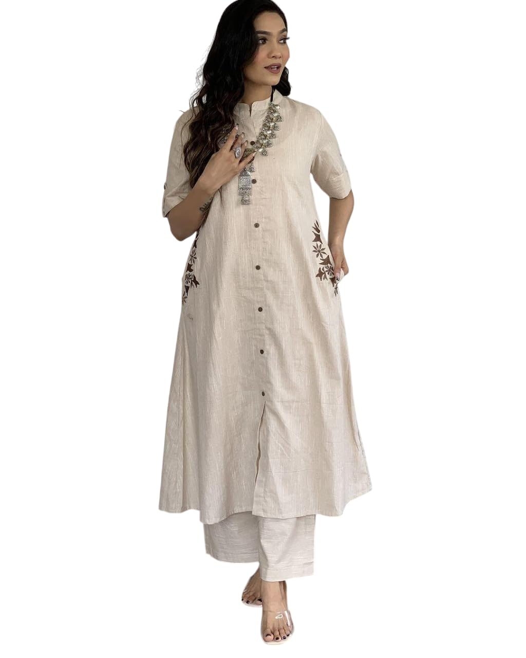 Women's Cotton Embroiderd Long A-Line  Kurti with Palazzo