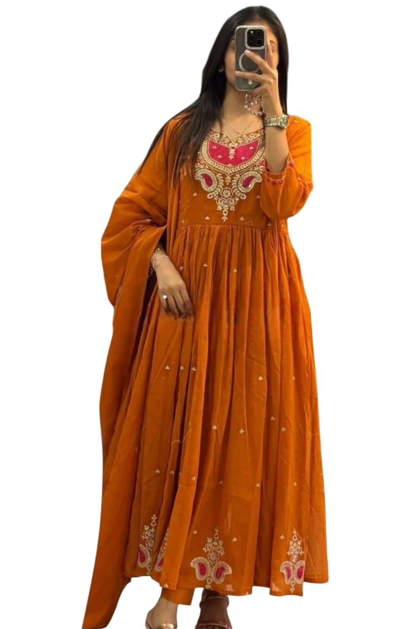 Women's Cotton Embroidered Anarkali Salwar Suit Set with Dupatta Set