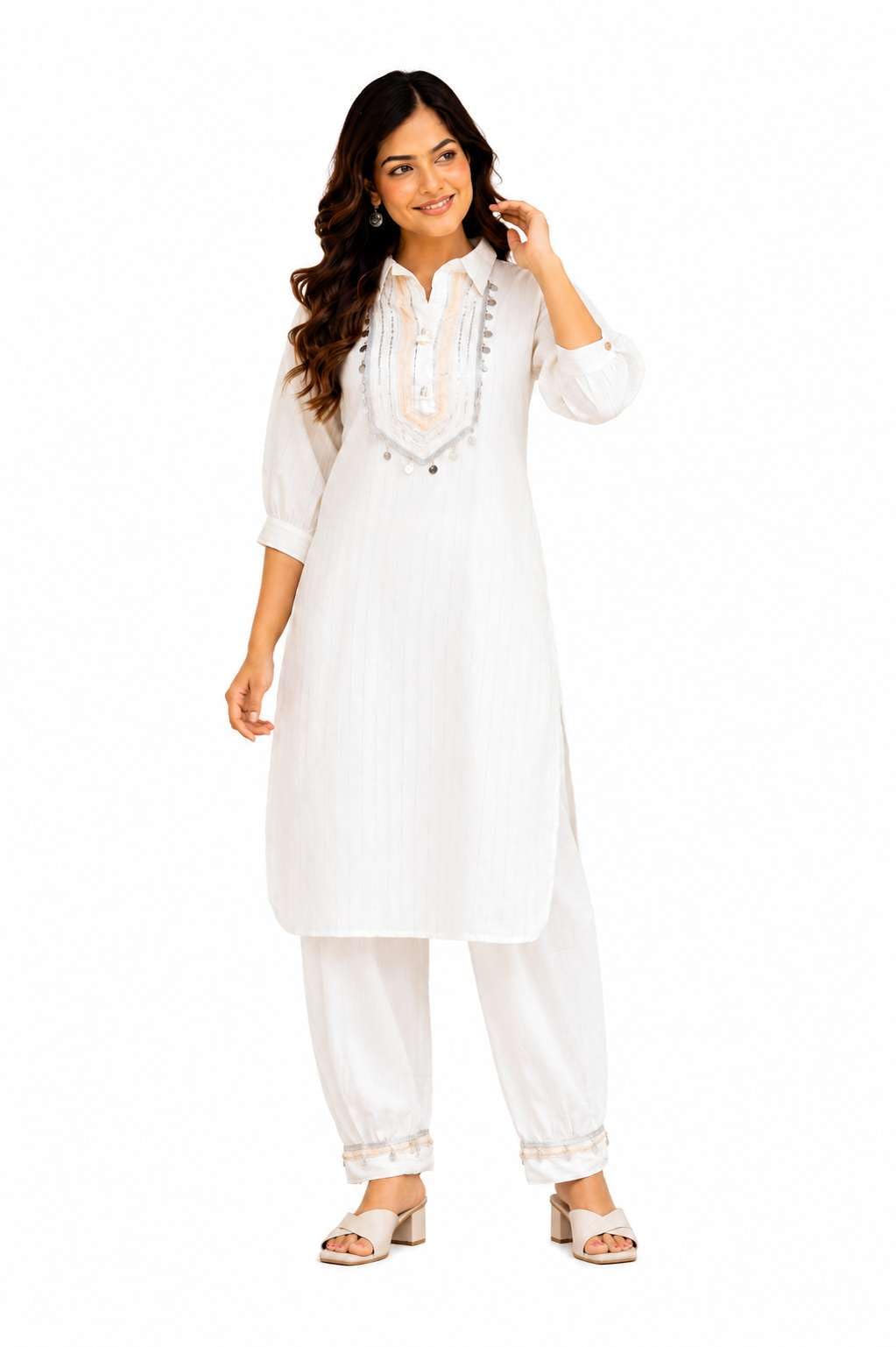 Women's Cotton Embroidered mirror Work kurti while the relaxed fit and palAMzo Pant (White)