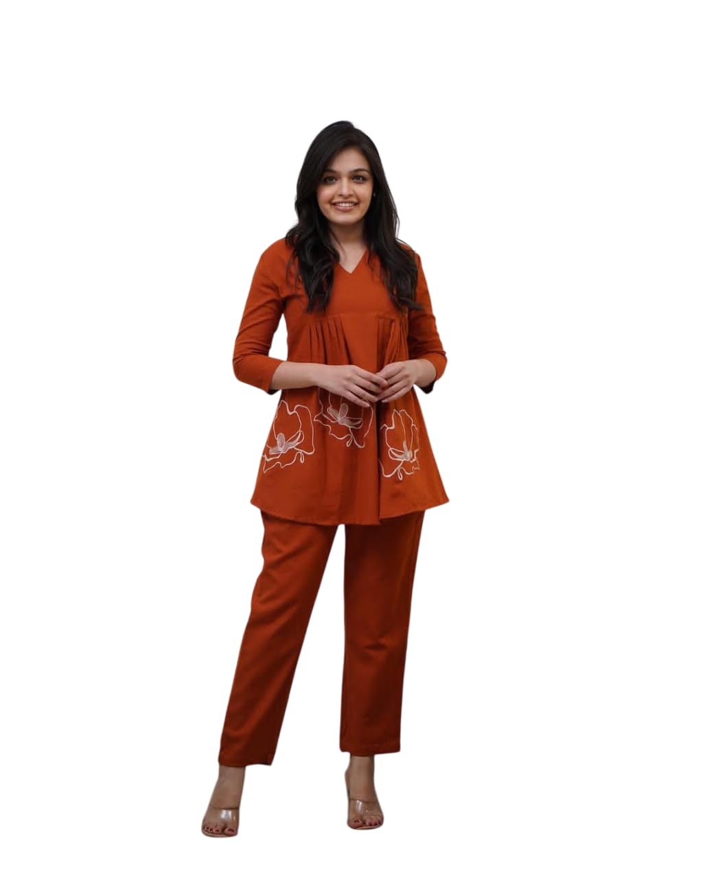 Women's Cotton Rose Printed Short Anarkali Kurta with Pant Western wear Cord Set