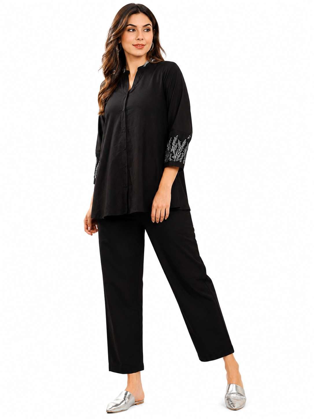 Women's Cotton Embroidered A-Line Kurti With Pant