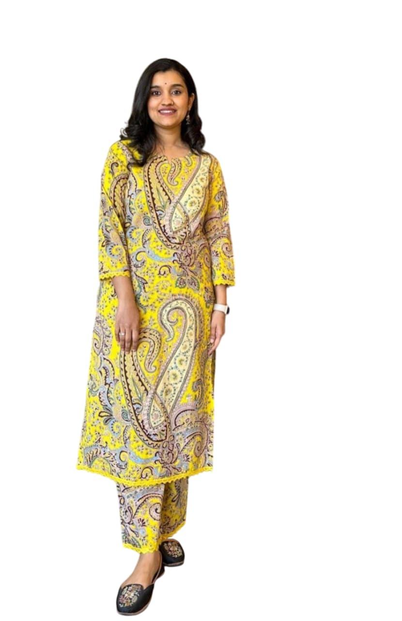 Women's Cotton Printed Straight Kurti with Pant Two Piece Co-ord Set