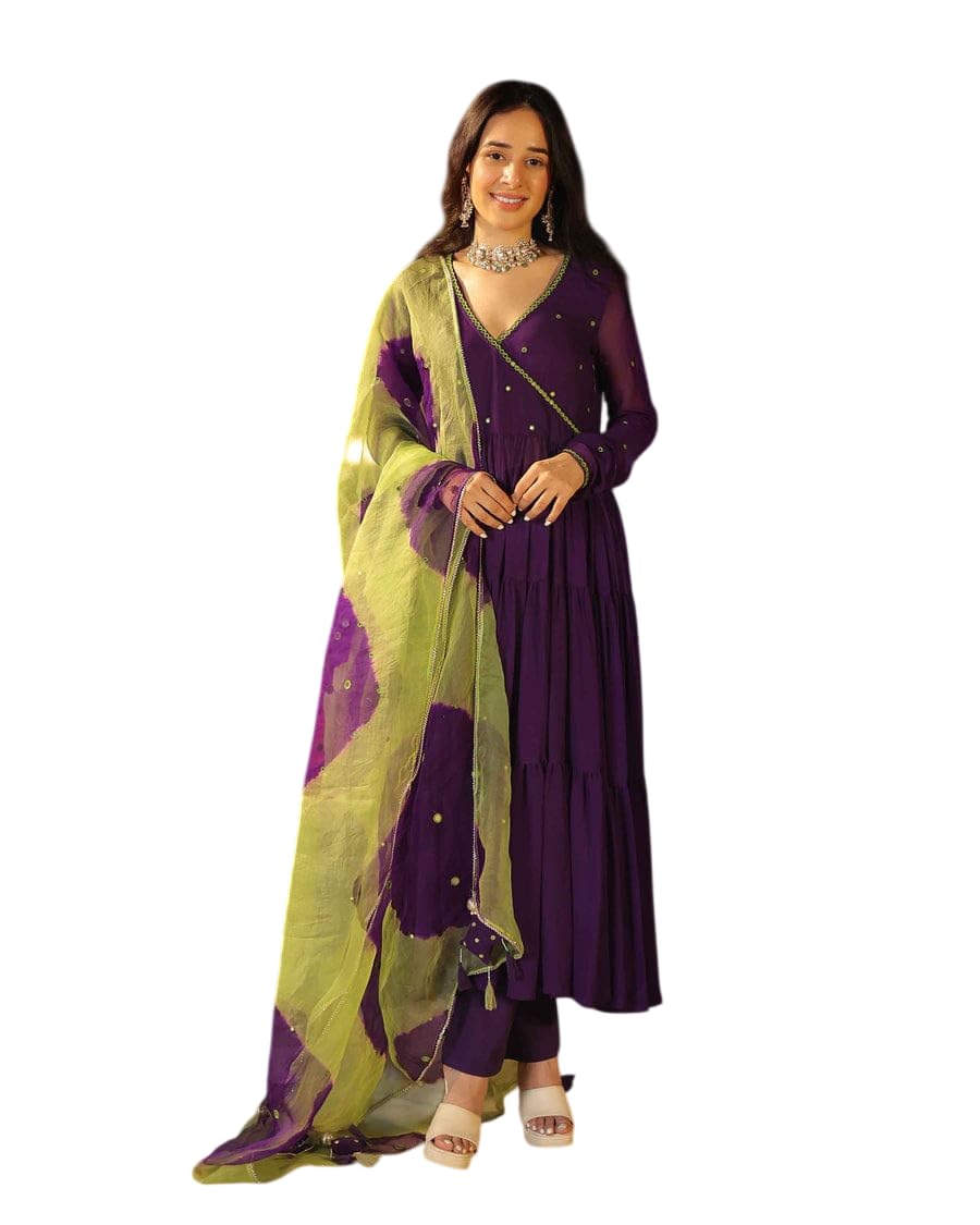 Women's Georgette Solid with Minimal Embellishment Long Anarkali Kurti With Pant And Dupatta Set (Red)