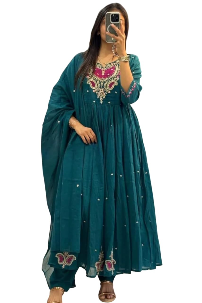 Women's Cotton Embroidered Anarkali Salwar Suit Set with Dupatta Set