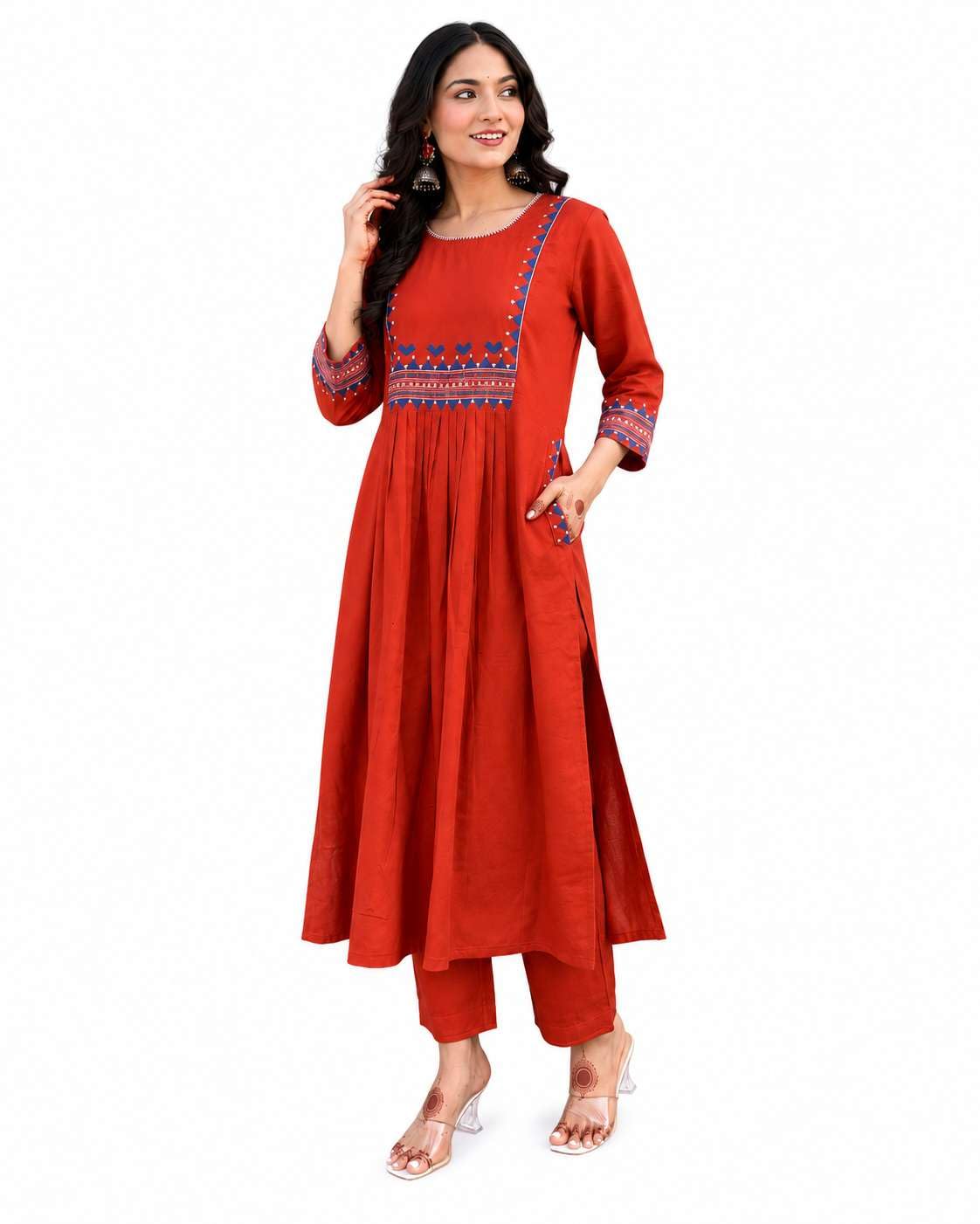 Women's Rayon Embroidered A-Line Kurti With Pant Set