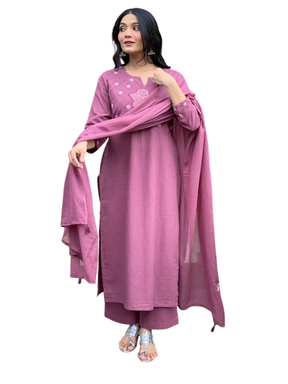 Women's Cotton Floral Printed Straight Kurti With Pant and Dupatta Set (Purple)