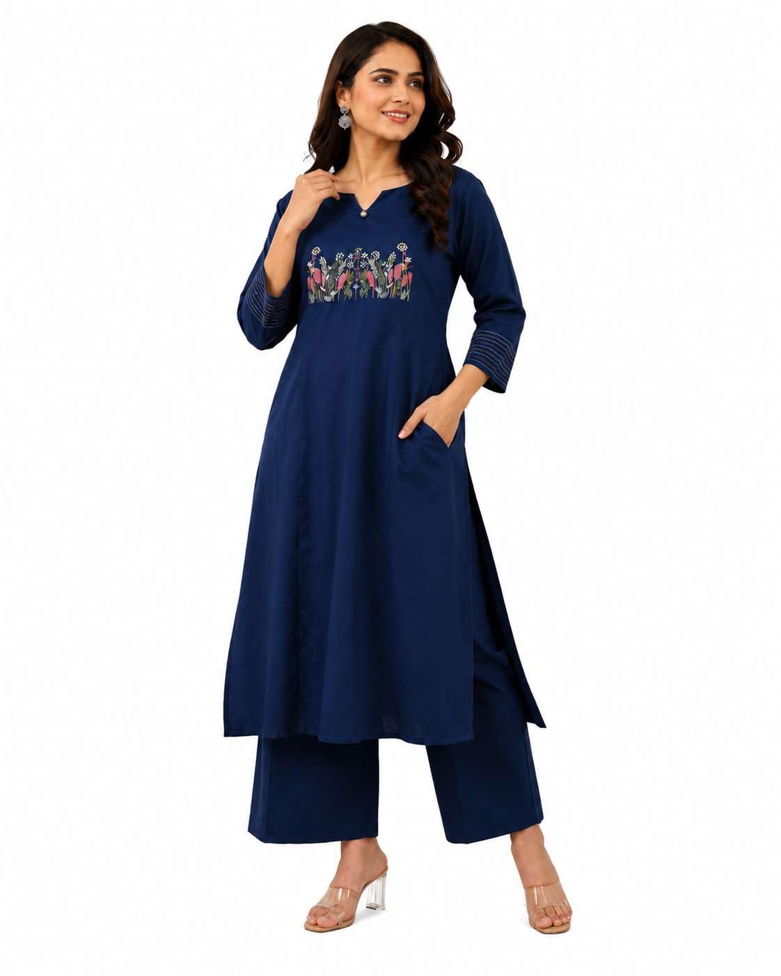 Women's Cotton Embroidered Straight Kurti With Pant Set