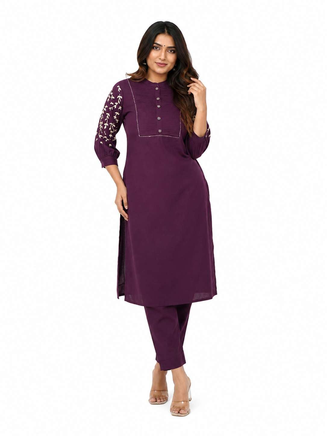 Women's Cotton Delicate Embroidery Straight Fit Kurti With Pant