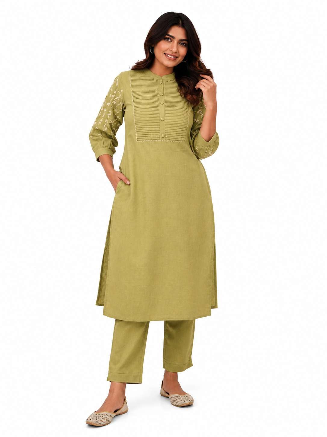 Women's Cotton Delicate Embroidery Straight Fit Kurti With Pant