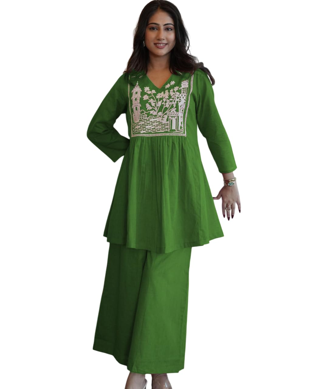 Women's Cotton Embroidered Short Anarkali Kurti with pant