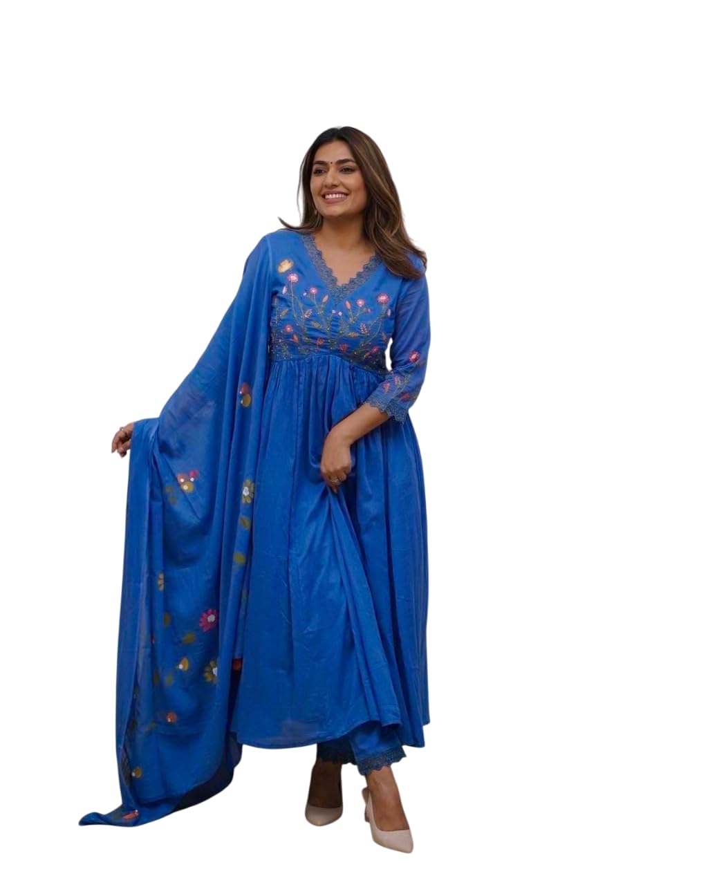 Women's Cotton Embroidered Long Anarkali Kurti with pant and Dupatta Set