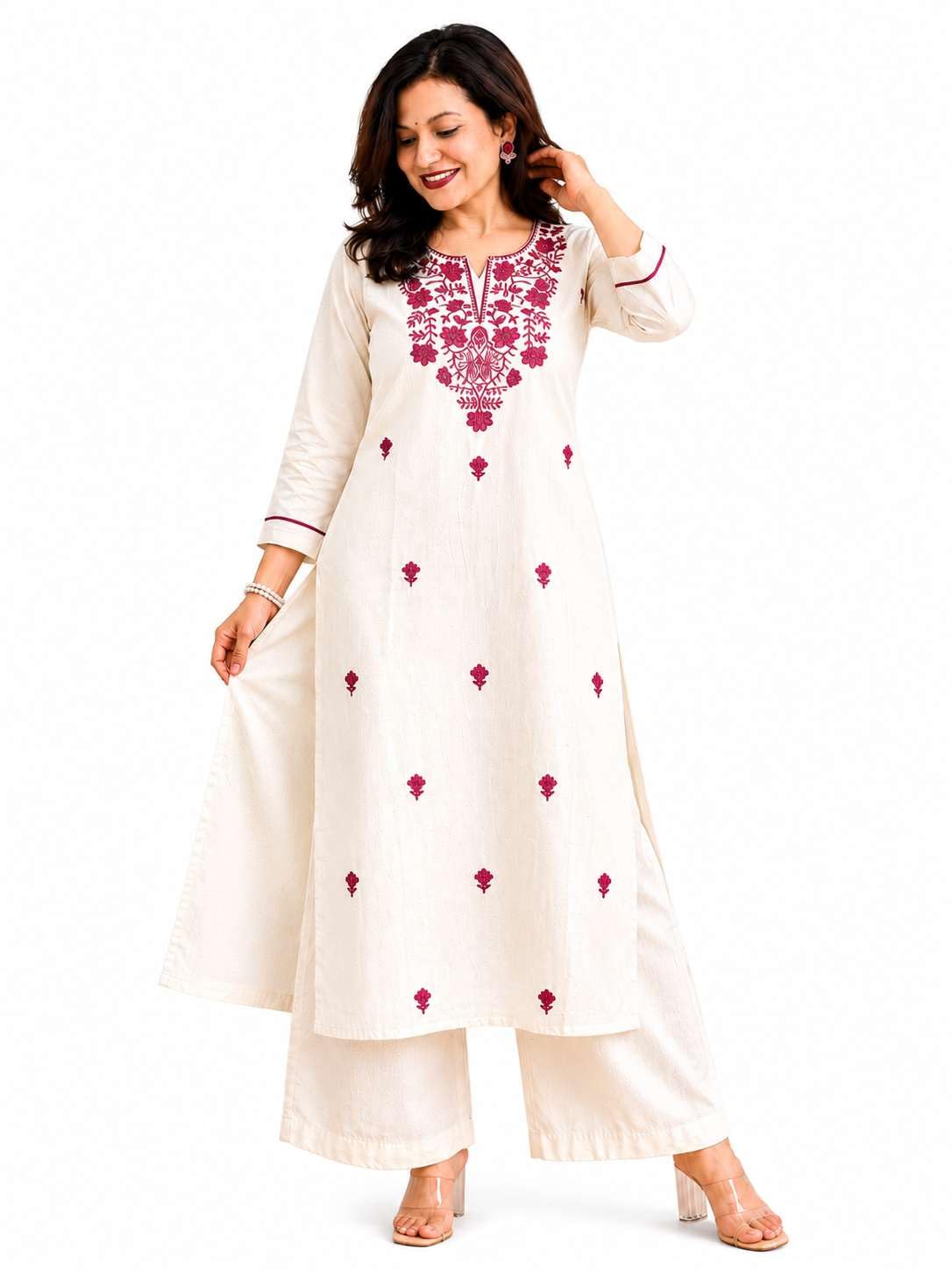 Women's Cotton Floral Embroidered  Straight Kurti With Pant -UG-11