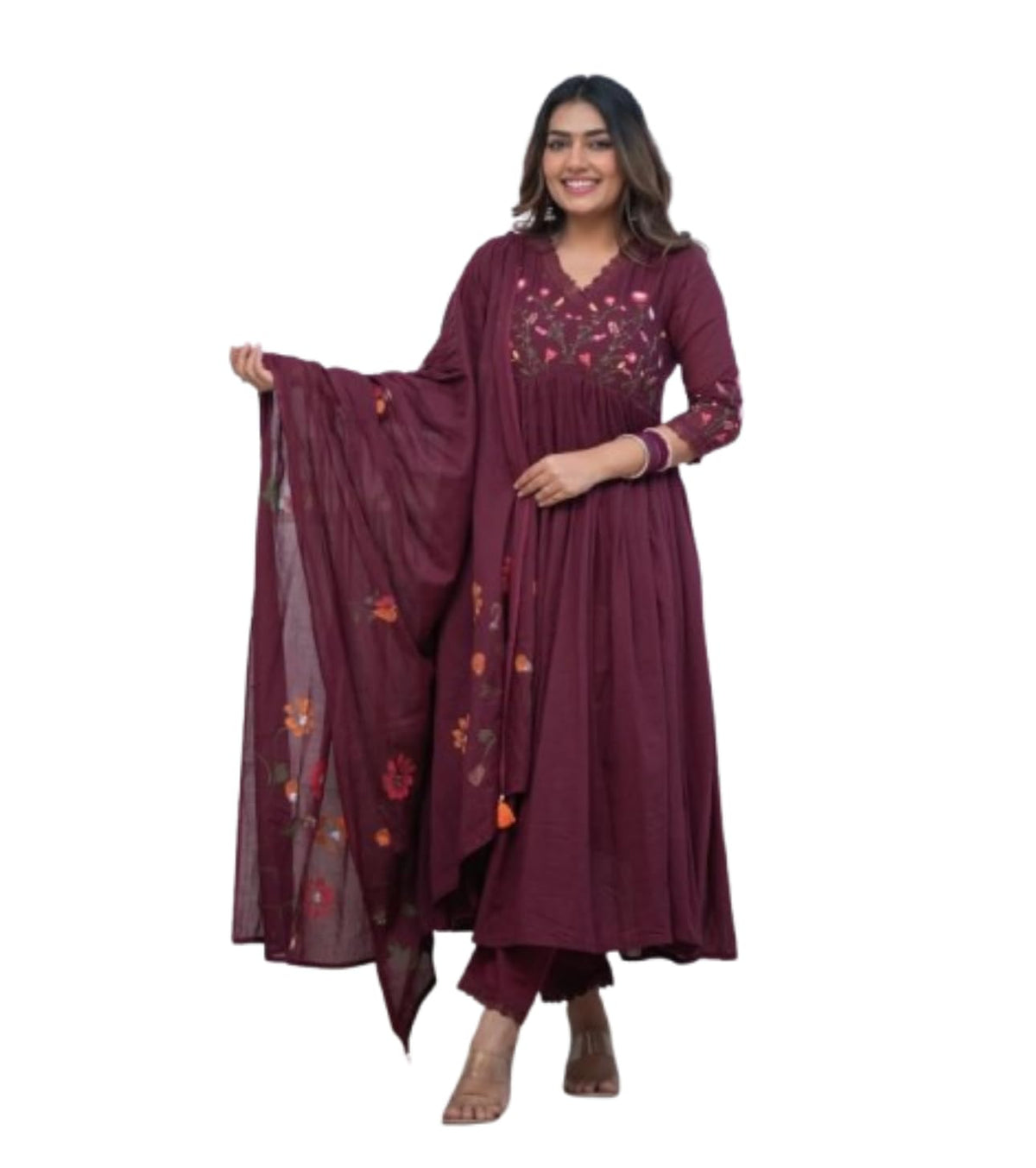 Women's Cotton Embroidered Long Anarkali Kurti With Pant and Dupatta Set
