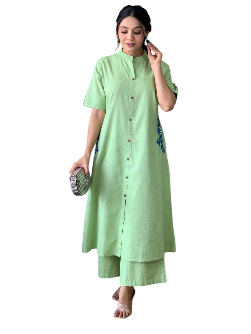 Women's Cotton Embroiderd Long A-Line  Kurti with Palazzo
