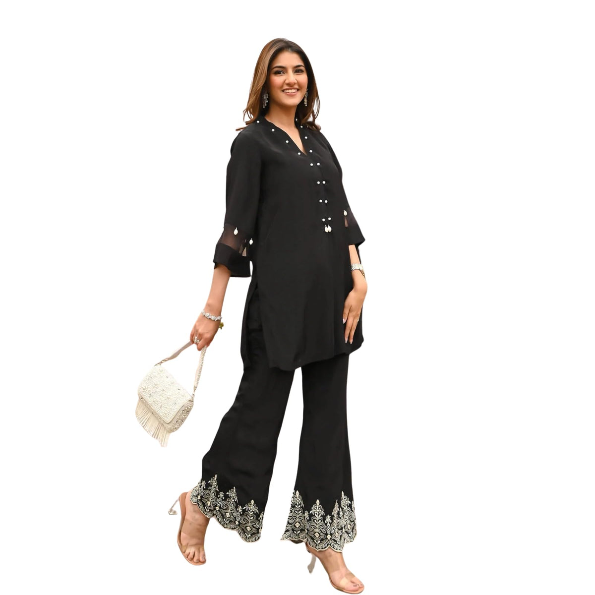 Women's Cotton Embroidered Co-Ord Set Elegant Summer Two-Piece Outfit ( Black)