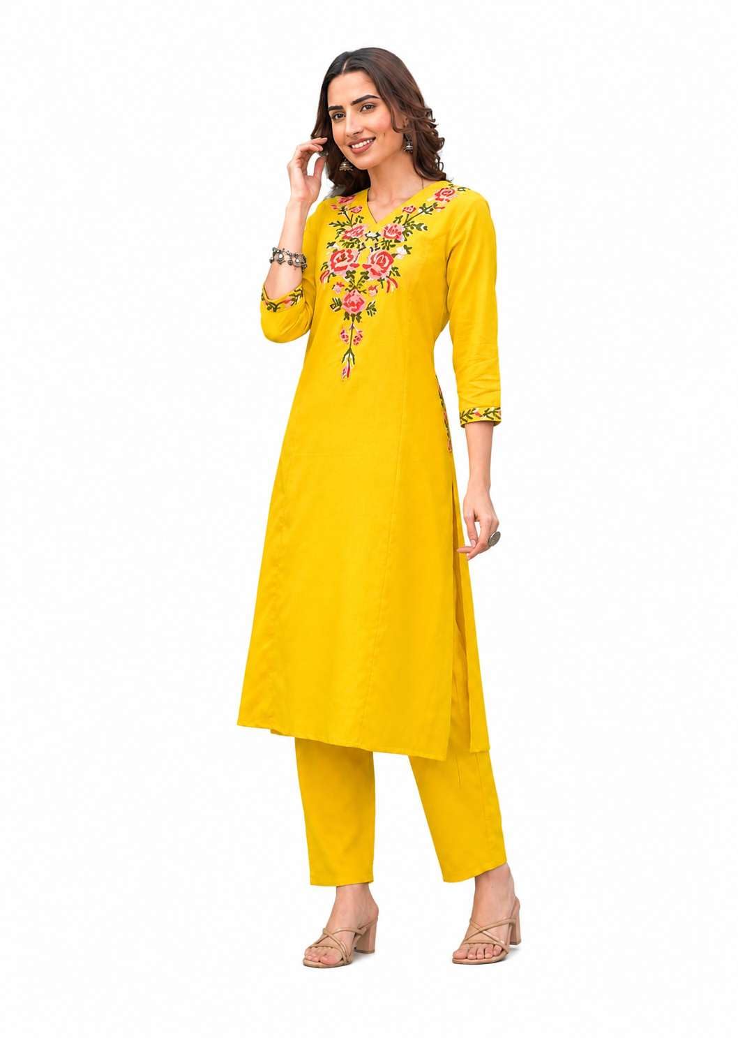 Women's Cotton Floral Embroidered  Straight Kurti With Pant