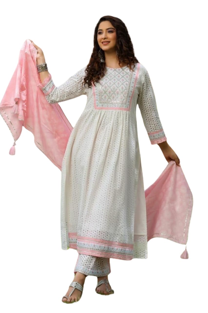 Women's Cotton Embroidered Nayra Cut Kurti With Pant and Dupatta Set