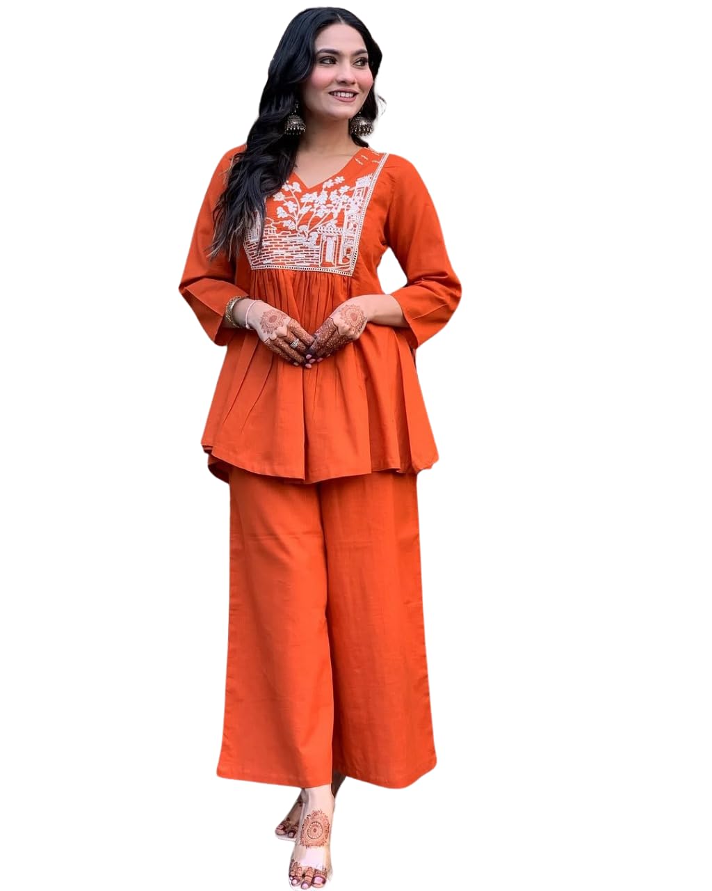 Women's Cotton Embroidered Flared Kurta With Pant Set