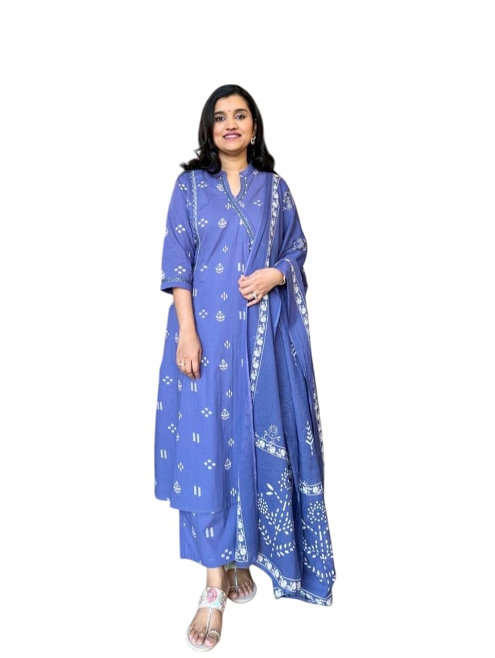 Women's Cotton Embroidered Anarkali Kurti with Pant and Dupatta Set