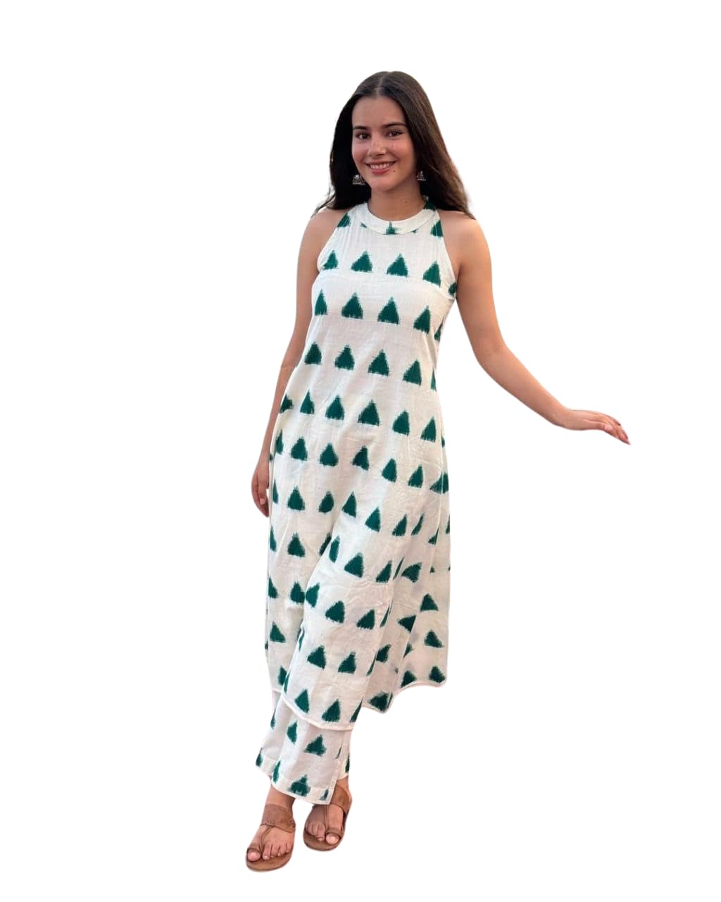 Women's Cotton Printed Sleeveless Co-ord Set – Elegant Summer Two-Piece Outfit (White)