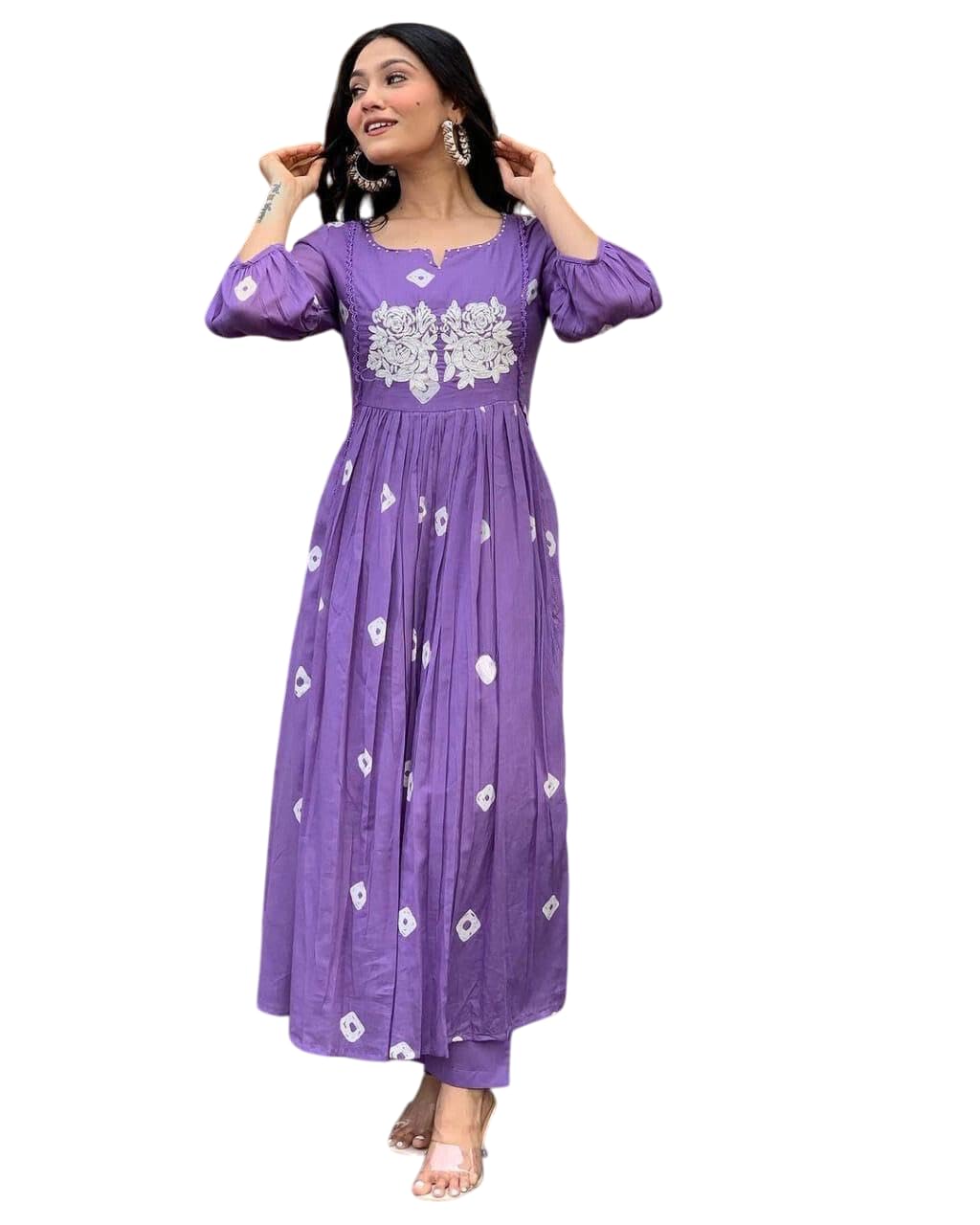Women's Cotton Printed Long Anarkali Kurti With Pant