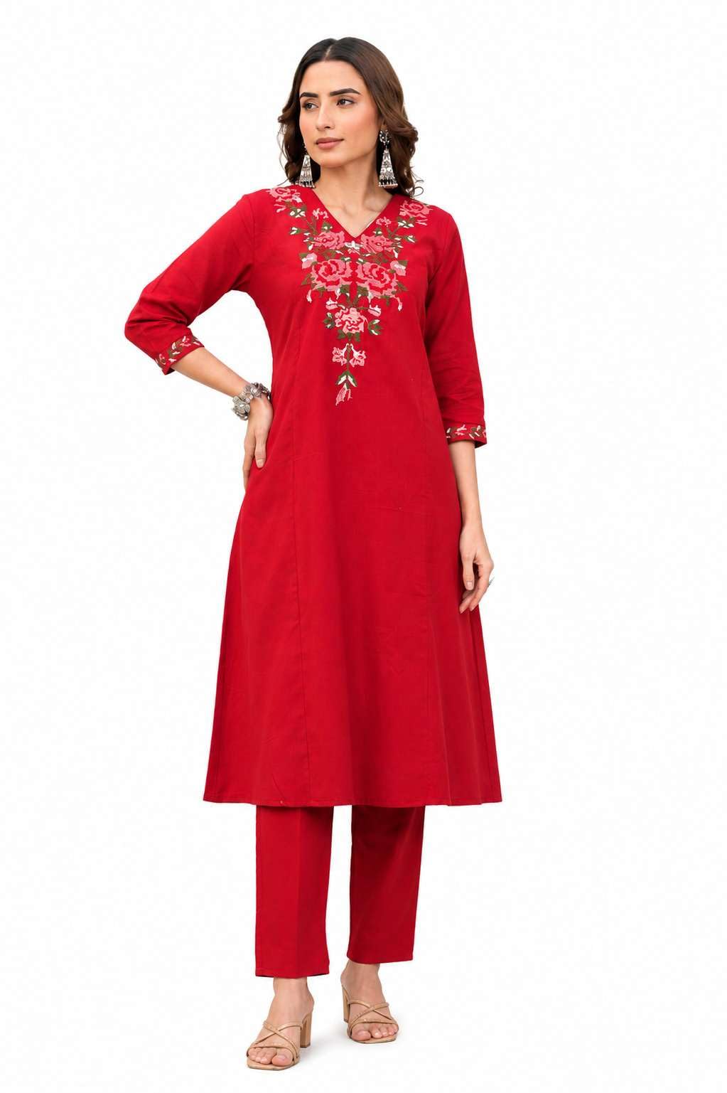 Women's Cotton Floral Embroidered  Straight Kurti With Pant