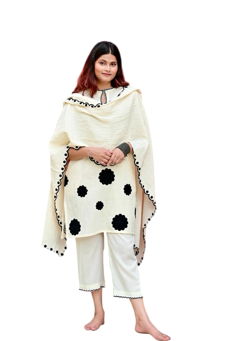 Women's Cotton Embroidered Floral patchwork Kurti with pant and Dupatta set