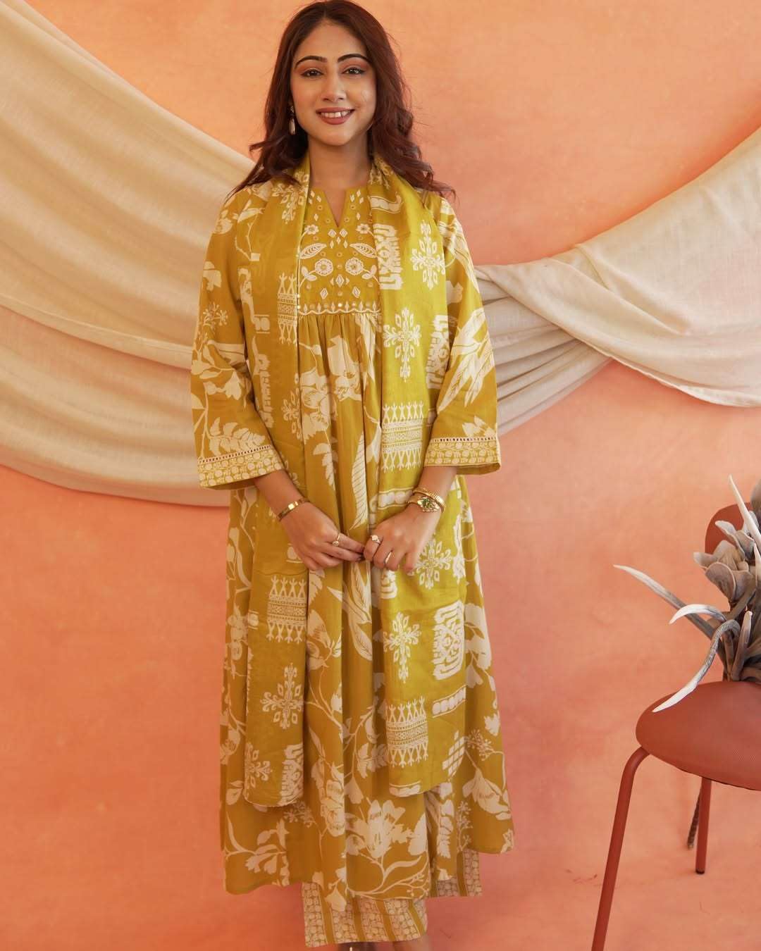 Women's Cotton Printed Anarkali Kurti with Pant and Dupatta Set