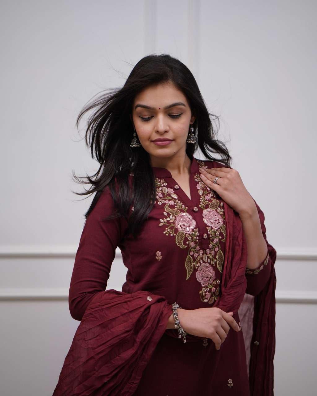 Women's Cotton Embroidery work Straight kurti with Pant & mulmul dupatta set