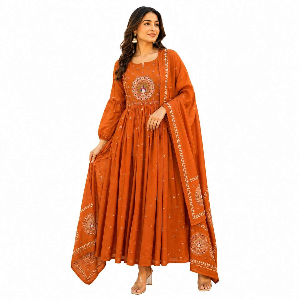 Women's Cotton Embroidered Anarkali Kurti With Malmal Dupatta Set