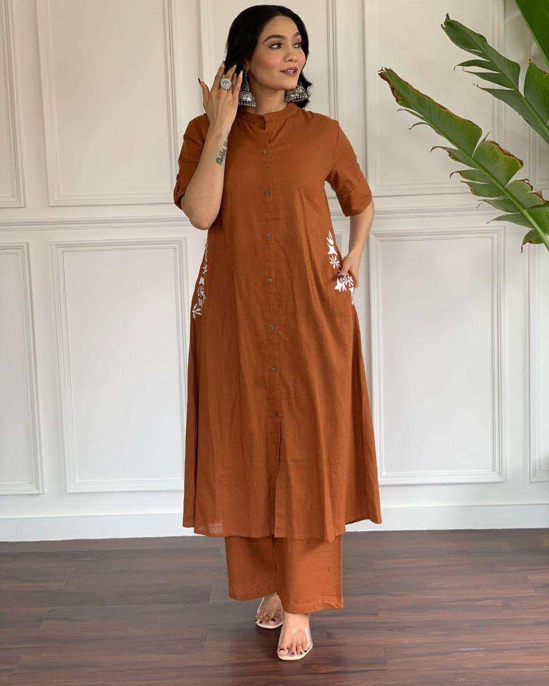 Women's Cotton Embroiderd Long A-Line  Kurti with Palazzo