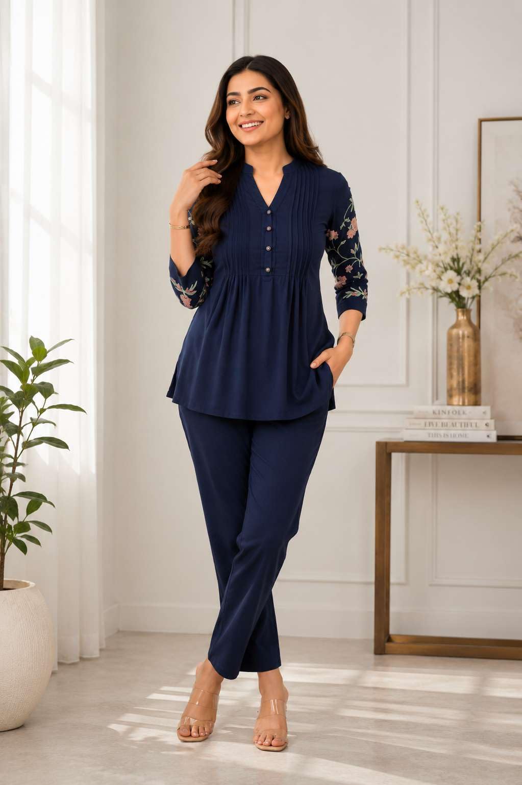 Women's Cotton Embroidery Straight Short kurti With Pant set