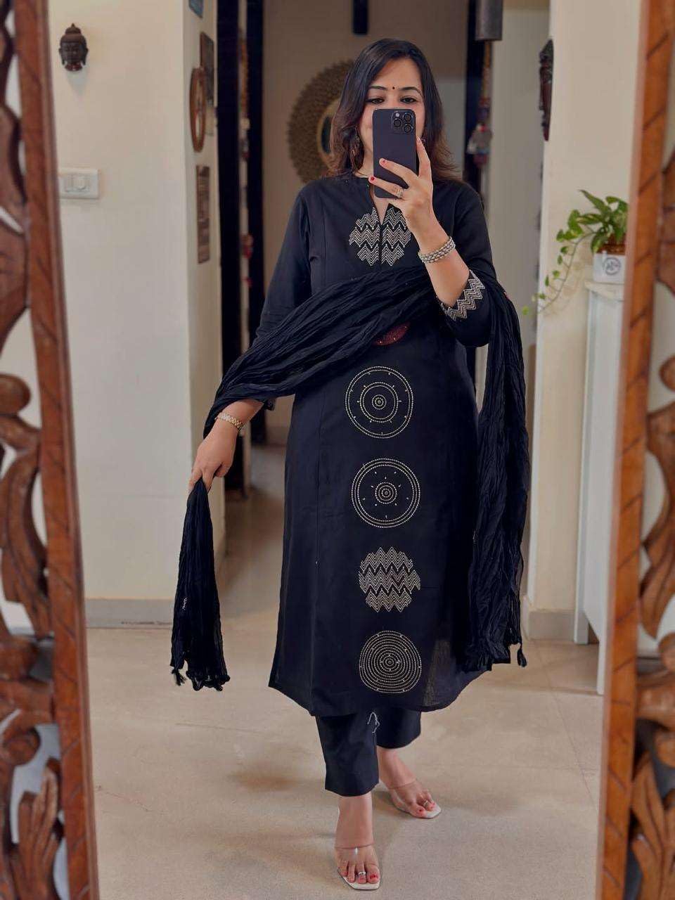 Women's Cotton Embroidered Straight Kurti With Pant And Dupatta Set