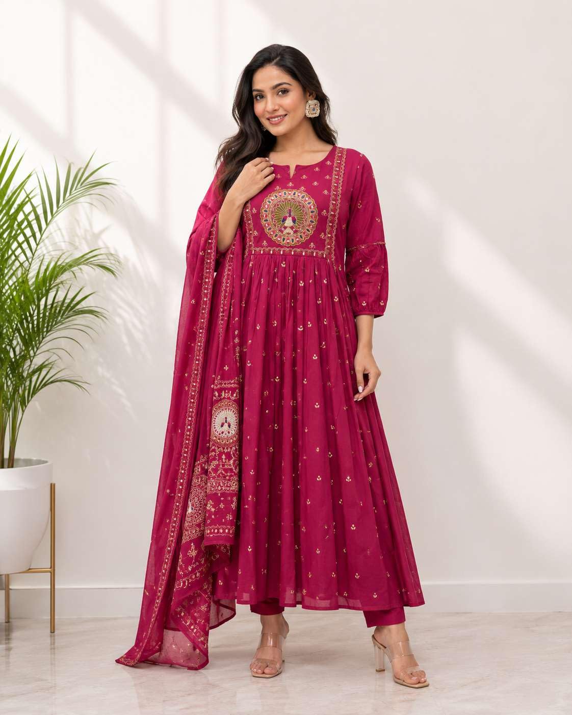 Women's Cotton Embroidered Anarkali Kurti With Malmal Dupatta Set